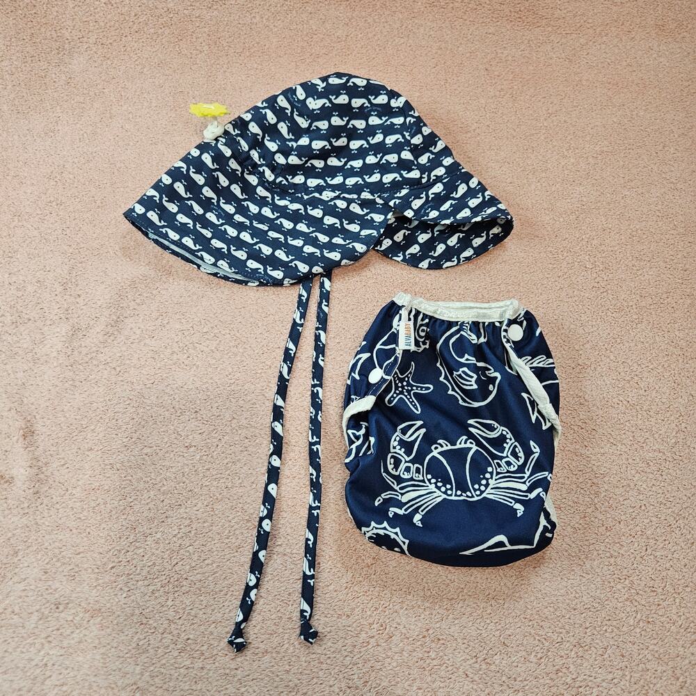 Alvababy Reusable Swim Diaper and Green Sprouts Flap Sun Protection Hat Set